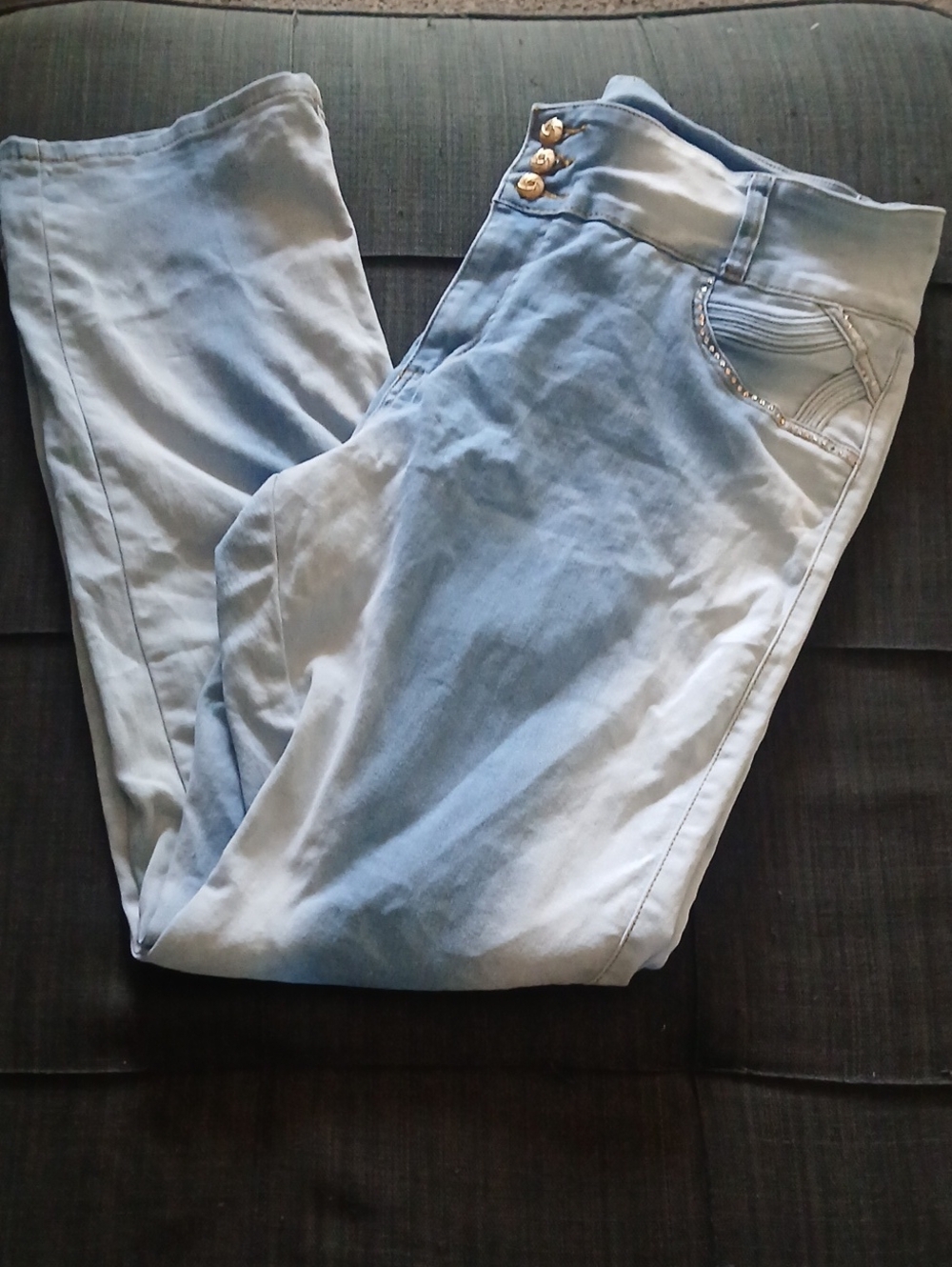 Light Blue Women’s Slim Straight Jeans with Decorative Button Waist